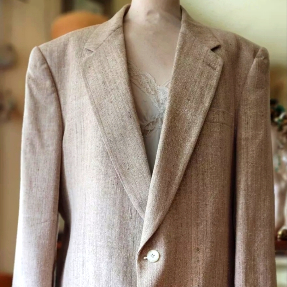 Silk Linen sport coat, Herringbone Jacket in Beige, Tailored Men's Suit
